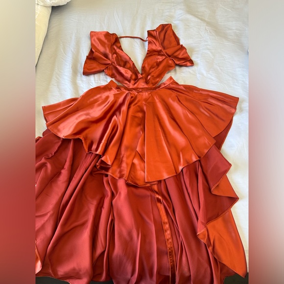 High Low Rust Satin Sexy Dress - Picture 2 of 5